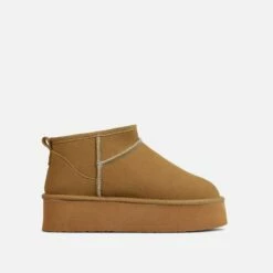EGO Pumpkin Platform Sole Faux Fur Lining Ultra Mini Ankle Boot In Chestnut Faux Suede -EGO Sales Store 06 10 22 fw15088