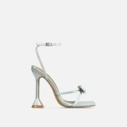 EGO Treasure Ankle Strap Gem Detail Square Toe Statement Heel In Silver Iridescent Faux Leather -EGO Sales Store 06 10 22 fw15099 sq