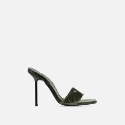 EGO Tribute Open Square Toe Stiletto Heel Mule In Khaki Green Velvet -EGO Sales Store 06 10 22 fw15118 sq