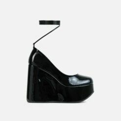 EGO Music-For-My-Ears Lace Up Closed Square Toe Platform Wedge Heel In Black Patent