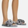 EGO Blanket Velcro Strap Printed Detail Square Peep Toe Flat Slipper In Grey Faux Fur -EGO Sales Store 06 10 22 fw5375 copy