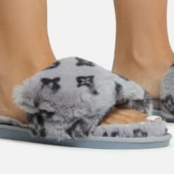 EGO Blanket Velcro Strap Printed Detail Square Peep Toe Flat Slipper In Grey Faux Fur -EGO Sales Store 06 10 22 fw5376 1 copy