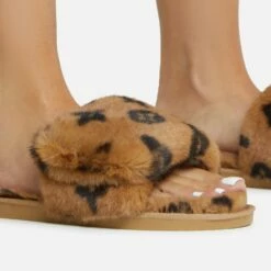 EGO Blanket Velcro Strap Printed Detail Square Peep Toe Flat Slipper In Tan Brown Faux Fur -EGO Sales Store 06 10 22 fw5382 copy