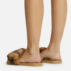 EGO Blanket Velcro Strap Printed Detail Square Peep Toe Flat Slipper In Tan Brown Faux Fur -EGO Sales Store 06 10 22 fw5383 copy