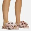 EGO Blanket Velcro Strap Printed Detail Square Peep Toe Flat Slipper In Pink Faux Fur -EGO Sales Store 06 10 22 fw5385 copy