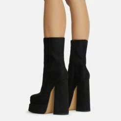 EGO Fifi Closed Square Toe Statement Platform Block Heel Ankle Biker Boot In Black Faux Suede -EGO Sales Store 06 10 22 fw5398 sq