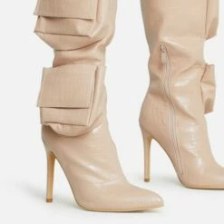 EGO Level-Up Pocket Detail Pointed Toe Stiletto Heel Over The Knee Thigh High Long Boot In Nude Croc Print Faux Leather -EGO Sales Store 06 10 22 fw5412 sq