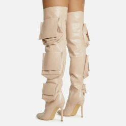 EGO Level-Up Pocket Detail Pointed Toe Stiletto Heel Over The Knee Thigh High Long Boot In Nude Croc Print Faux Leather -EGO Sales Store 06 10 22 fw5413 sq