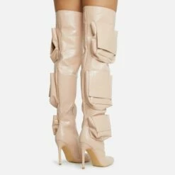 EGO Level-Up Pocket Detail Pointed Toe Stiletto Heel Over The Knee Thigh High Long Boot In Nude Croc Print Faux Leather -EGO Sales Store 06 10 22 fw5414 sq