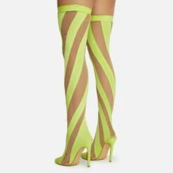 EGO Lilth Wrapped Panel Detail Pointed Toe Stiletto Heel Over The Knee Thigh High Sock Boot In Lime Mesh -EGO Sales Store 06 10 22 fw5441 sq