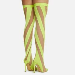 EGO Lilth Wrapped Panel Detail Pointed Toe Stiletto Heel Over The Knee Thigh High Sock Boot In Lime Mesh -EGO Sales Store 06 10 22 fw5442 sq