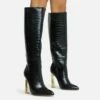 EGO Role-Play Pointed Toe Cut Out Metallic Heel Knee High Long Boot In Black Croc Print Faux Leather -EGO Sales Store 06 10 22 fw5463 copy