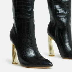 EGO Role-Play Pointed Toe Cut Out Metallic Heel Knee High Long Boot In Black Croc Print Faux Leather -EGO Sales Store 06 10 22 fw5465 copy