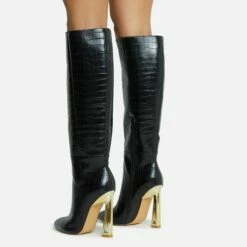 EGO Role-Play Pointed Toe Cut Out Metallic Heel Knee High Long Boot In Black Croc Print Faux Leather -EGO Sales Store 06 10 22 fw5466 copy