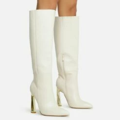 Front Page 34 EGO Role-Play Pointed Toe Cut Out Metallic Heel Knee High Long Boot In Cream Croc Print Faux Leather