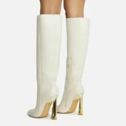 EGO Role-Play Pointed Toe Cut Out Metallic Heel Knee High Long Boot In Cream Croc Print Faux Leather -EGO Sales Store 06 10 22 fw5476 copy