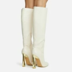 EGO Role-Play Pointed Toe Cut Out Metallic Heel Knee High Long Boot In Cream Croc Print Faux Leather -EGO Sales Store 06 10 22 fw5477 copy