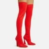 EGO Masterclass Pointed Toe Statement Flared Block Heel Over The Knee Thigh High Long Boot In Red Lycra -EGO Sales Store 06 10 22 fw5488 copy