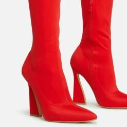 EGO Masterclass Pointed Toe Statement Flared Block Heel Over The Knee Thigh High Long Boot In Red Lycra -EGO Sales Store 06 10 22 fw5490 copy