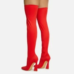 EGO Masterclass Pointed Toe Statement Flared Block Heel Over The Knee Thigh High Long Boot In Red Lycra -EGO Sales Store 06 10 22 fw5491 copy