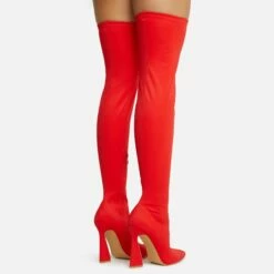 EGO Masterclass Pointed Toe Statement Flared Block Heel Over The Knee Thigh High Long Boot In Red Lycra -EGO Sales Store 06 10 22 fw5492 copy