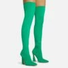 EGO Masterclass Pointed Toe Statement Flared Block Heel Over The Knee Thigh High Long Boot In Green Lycra -EGO Sales Store 06 10 22 fw5493 copy