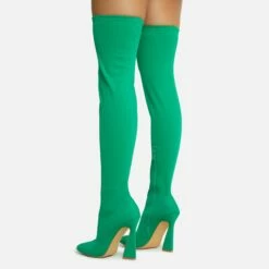 EGO Masterclass Pointed Toe Statement Flared Block Heel Over The Knee Thigh High Long Boot In Green Lycra -EGO Sales Store 06 10 22 fw5496 copy