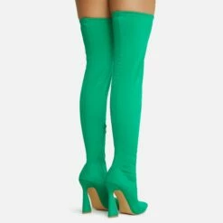 EGO Masterclass Pointed Toe Statement Flared Block Heel Over The Knee Thigh High Long Boot In Green Lycra -EGO Sales Store 06 10 22 fw5497 copy