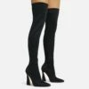 EGO Masterclass Pointed Toe Statement Flared Block Heel Over The Knee Thigh High Long Boot In Black Lycra -EGO Sales Store 06 10 22 fw5498 copy