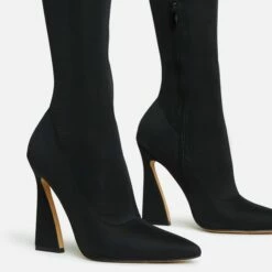 EGO Masterclass Pointed Toe Statement Flared Block Heel Over The Knee Thigh High Long Boot In Black Lycra -EGO Sales Store 06 10 22 fw5500 copy