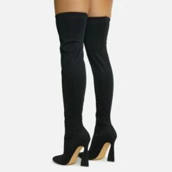 EGO Masterclass Pointed Toe Statement Flared Block Heel Over The Knee Thigh High Long Boot In Black Lycra -EGO Sales Store 06 10 22 fw5501 copy