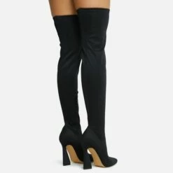 EGO Masterclass Pointed Toe Statement Flared Block Heel Over The Knee Thigh High Long Boot In Black Lycra -EGO Sales Store 06 10 22 fw5502 copy