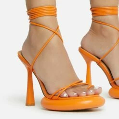 EGO Sauce Lace Up Strappy Statement Platform Heel In Orange Faux Leather -EGO Sales Store 06 10 22 fw5582 sq
