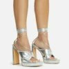 EGO Ranger Lace Up Twisted Strap Detail Square Toe Platform Thin Block Heel In Silver Metallic Faux Leather -EGO Sales Store 06 10 22 fw5615