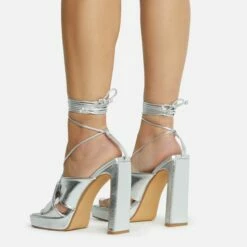 EGO Ranger Lace Up Twisted Strap Detail Square Toe Platform Thin Block Heel In Silver Metallic Faux Leather -EGO Sales Store 06 10 22 fw5618 copy