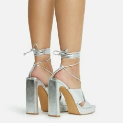 EGO Ranger Lace Up Twisted Strap Detail Square Toe Platform Thin Block Heel In Silver Metallic Faux Leather -EGO Sales Store 06 10 22 fw5619 copy