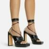 EGO Ranger Lace Up Twisted Strap Detail Square Toe Platform Thin Block Heel In Black Metallic Faux Leather -EGO Sales Store 06 10 22 fw5620