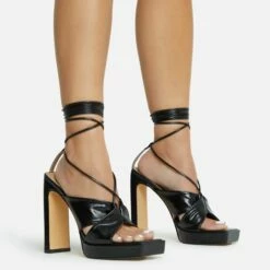 EGO Ranger Lace Up Twisted Strap Detail Square Toe Platform Thin Block Heel In Black Metallic Faux Leather
