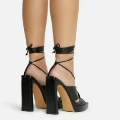 EGO Ranger Lace Up Twisted Strap Detail Square Toe Platform Thin Block Heel In Black Metallic Faux Leather -EGO Sales Store 06 10 22 fw5624