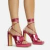EGO Ranger Lace Up Twisted Strap Detail Square Toe Platform Thin Block Heel In Pink Metallic Faux Leather -EGO Sales Store 06 10 22 fw5630