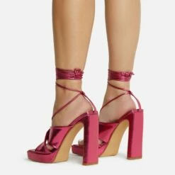 EGO Ranger Lace Up Twisted Strap Detail Square Toe Platform Thin Block Heel In Pink Metallic Faux Leather -EGO Sales Store 06 10 22 fw5633
