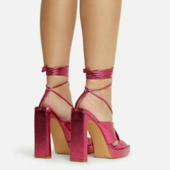 EGO Ranger Lace Up Twisted Strap Detail Square Toe Platform Thin Block Heel In Pink Metallic Faux Leather -EGO Sales Store 06 10 22 fw5634