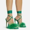 EGO Sorrenti Lace Up Fluffy Faux Feather Detail Square Toe Sculptured Platform Stiletto Heel In Green Faux Suede -EGO Sales Store 06 10 22 fw5635 copy