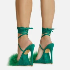 EGO Sorrenti Lace Up Fluffy Faux Feather Detail Square Toe Sculptured Platform Stiletto Heel In Green Faux Suede -EGO Sales Store 06 10 22 fw5638 copy