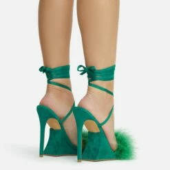 EGO Sorrenti Lace Up Fluffy Faux Feather Detail Square Toe Sculptured Platform Stiletto Heel In Green Faux Suede -EGO Sales Store 06 10 22 fw5639 copy