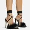 EGO Sorrenti Lace Up Fluffy Faux Feather Detail Square Toe Sculptured Platform Stiletto Heel In Black Faux Suede -EGO Sales Store 06 10 22 fw5640 copy