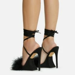EGO Sorrenti Lace Up Fluffy Faux Feather Detail Square Toe Sculptured Platform Stiletto Heel In Black Faux Suede -EGO Sales Store 06 10 22 fw5643 copy