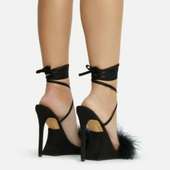 EGO Sorrenti Lace Up Fluffy Faux Feather Detail Square Toe Sculptured Platform Stiletto Heel In Black Faux Suede -EGO Sales Store 06 10 22 fw5644 copy