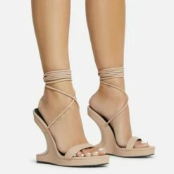 EGO Raven Lace Up Platform Sole Cut Out Wedge Heel In Nude Faux Leather