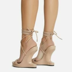 EGO Raven Lace Up Platform Sole Cut Out Wedge Heel In Nude Faux Leather -EGO Sales Store 06 10 22 fw5663